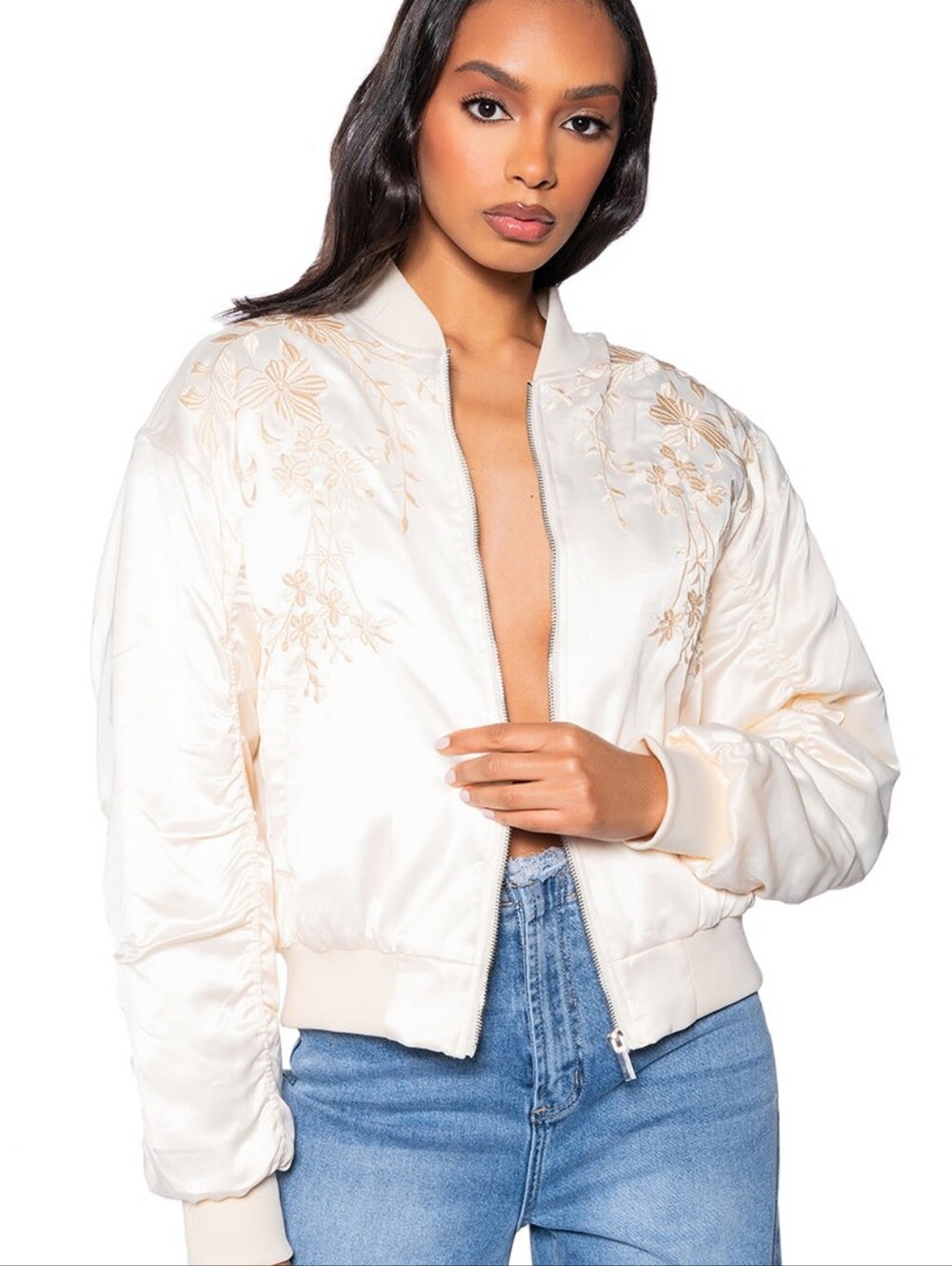 AKIRA Label Embroidered Monotone Oversize Bomber Cream & Gold XL